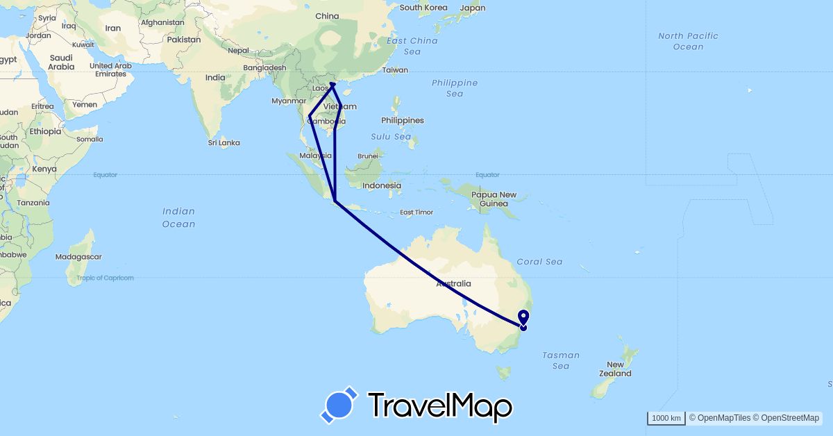 TravelMap itinerary: driving in Australia, Indonesia, Thailand, Vietnam (Asia, Oceania)